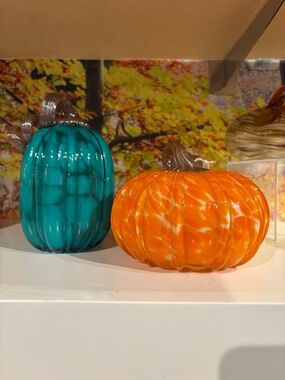 Handblown Glass Decorative Pumpkins - Teal & Orange